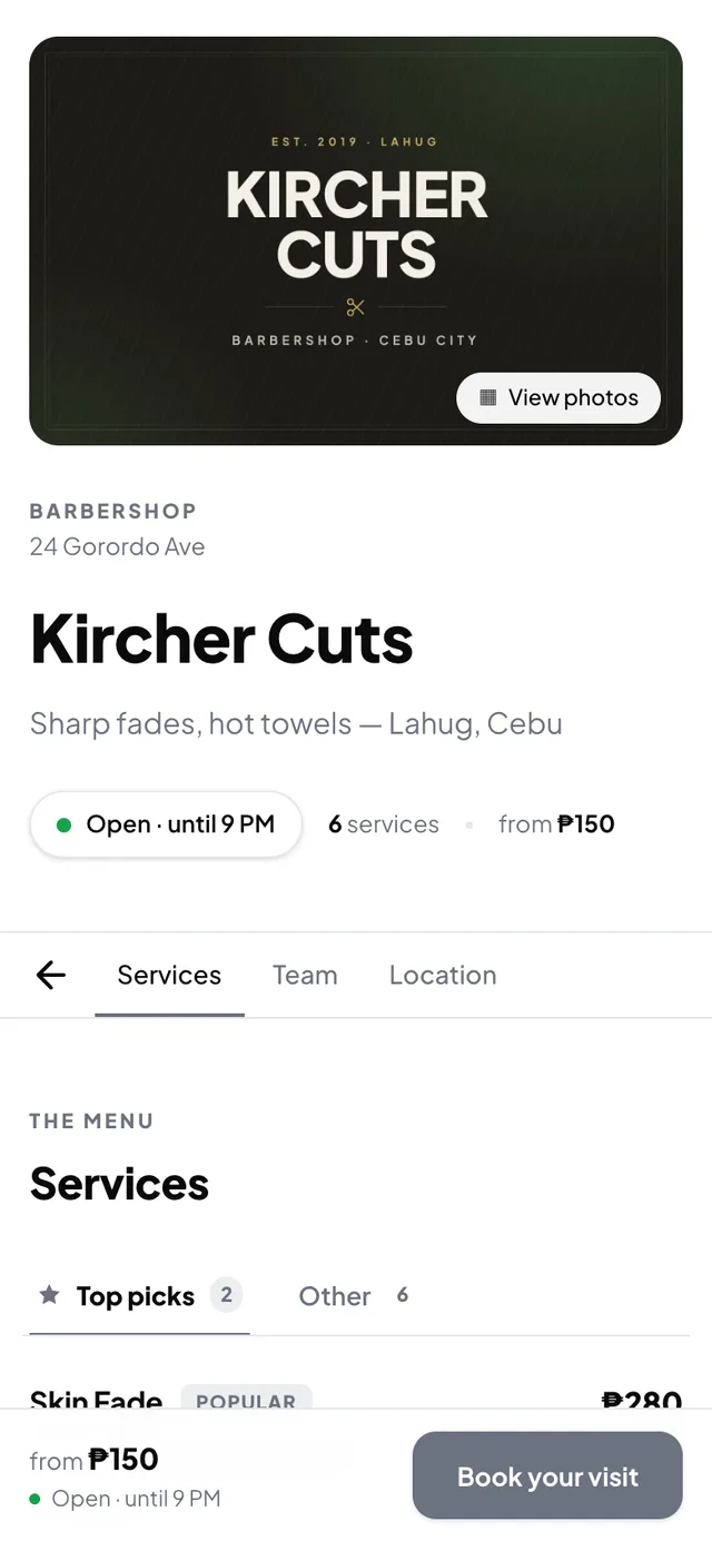 A branded booking page at dalipila.ph/kircher-cuts — the shop's own cover, services, and a Book your visit button